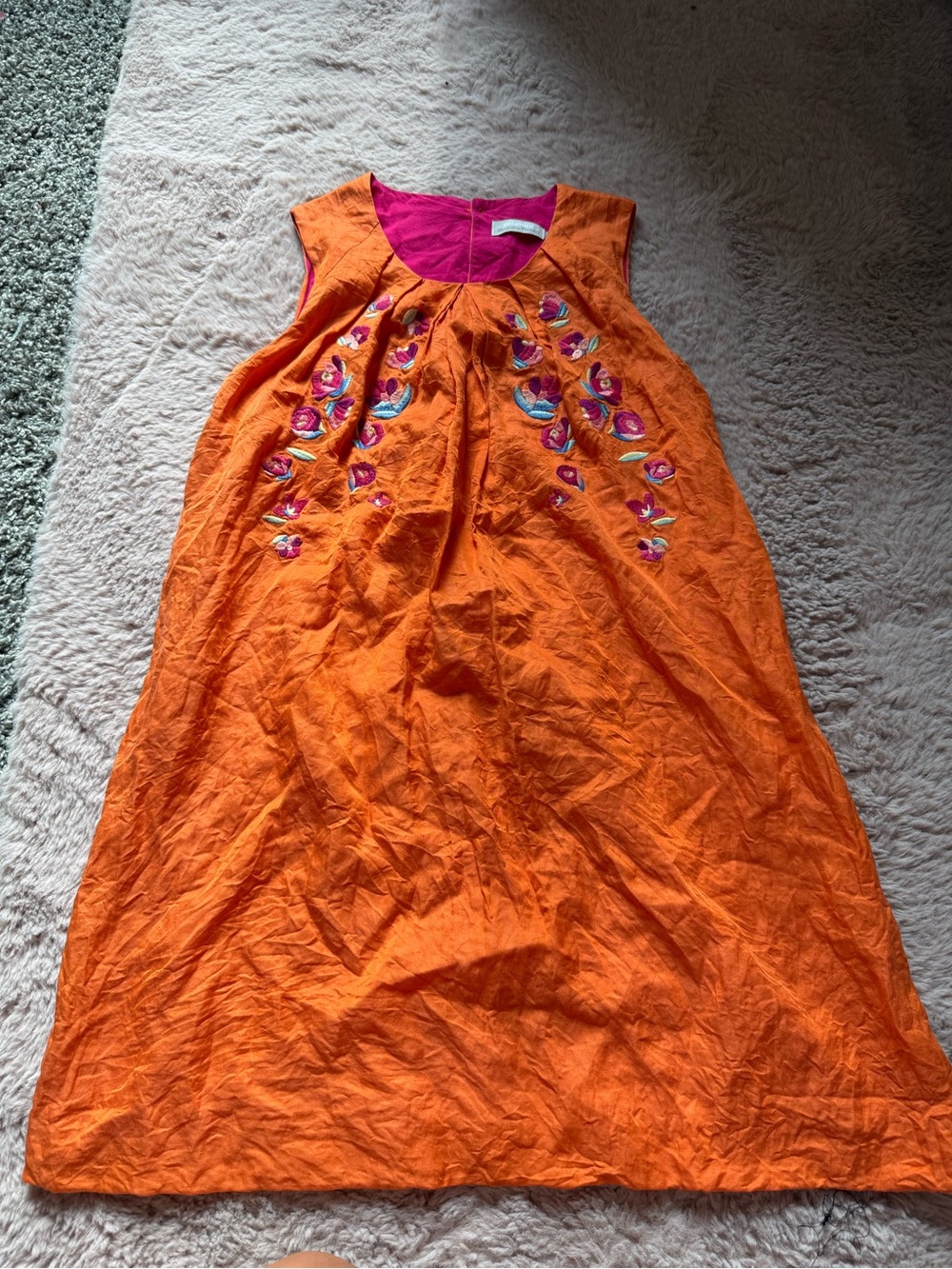 Catimini Orange Sleeveless Embroidered Kids Dress with Pink Neckline